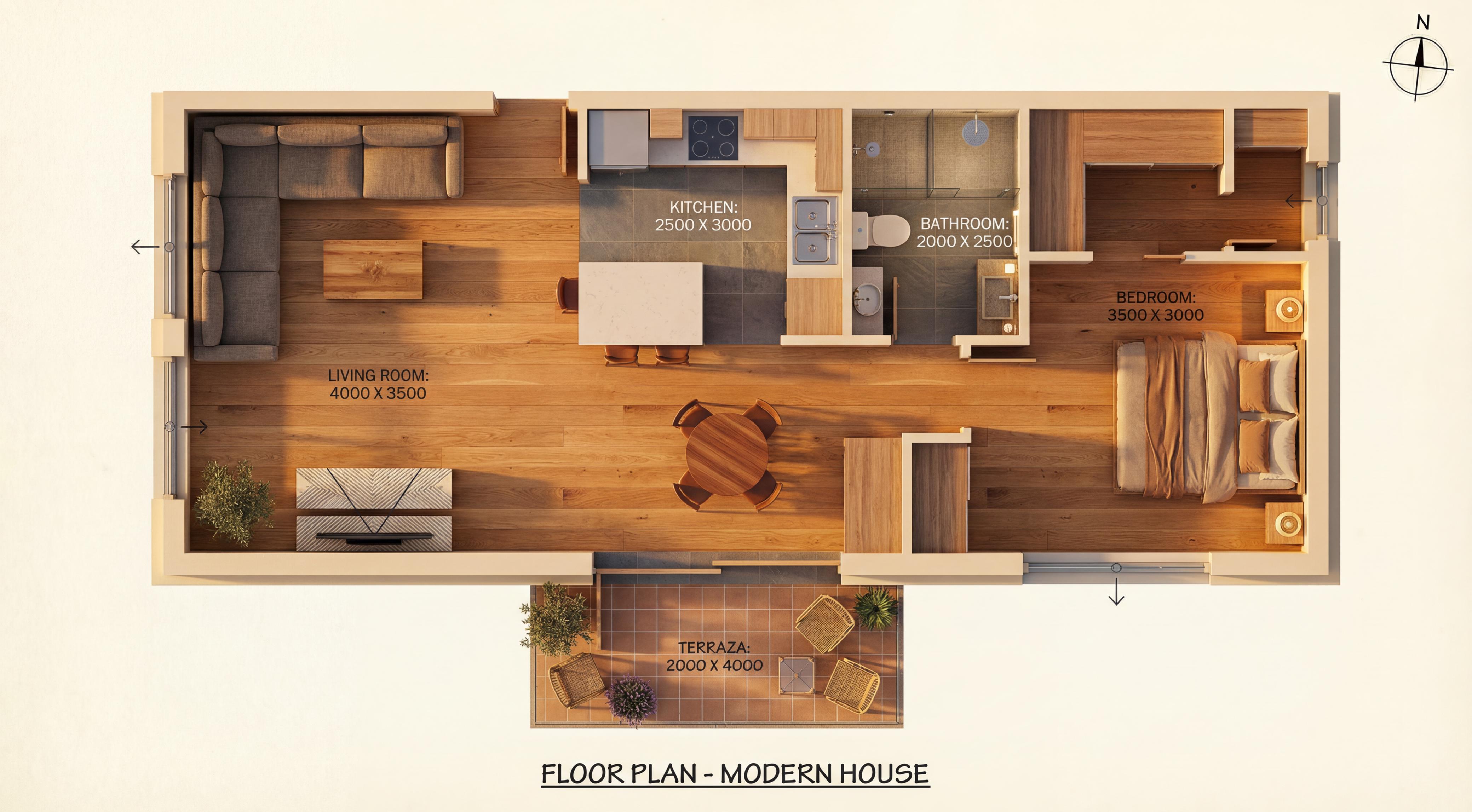 AI-rendered photorealistic floor plan — after staging
